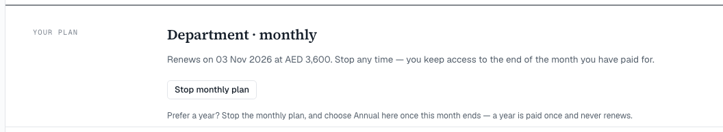 A monthly plan, with Stop monthly plan
